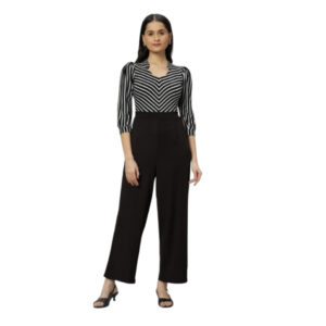 Women's Striped V-Neck Jumpsuit – 3/4 Sleeve Wide-Leg One-Piece