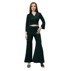 Women's Stylish Dark Green Crop Top & High-Waist Flared Pant Set