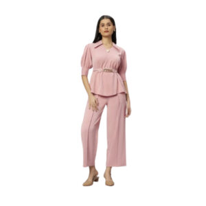Elegant Women's Two-Piece Outfit – Peplum Top & Wide-Leg Pants Set with Belt