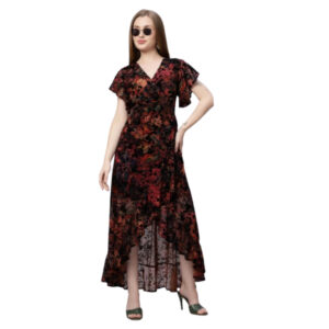Women's Floral Printed High-Low Maxi Dress with Ruffled Hem | V-Neck Lightweight Georgette | Stylish Summer Outfit Maroon Black